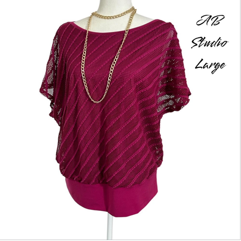 AB STUDIO Women’s Blouse Mesh Overlay Scoop Neck Tank Top Berry color Large Used